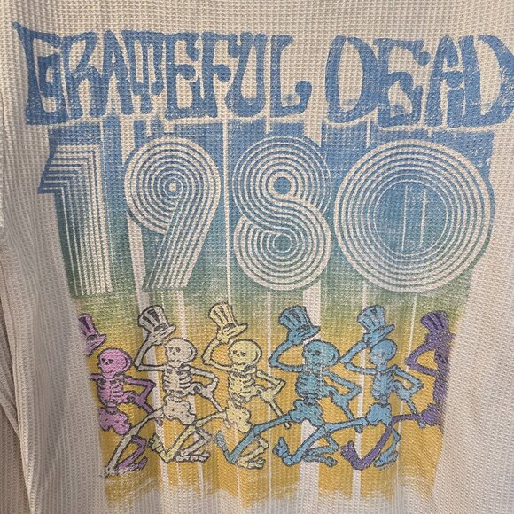 Grateful Dead Thermal Long Sleeve Shirt Off White Medium-Large Dancing Skeletons - Picture 2 of 8